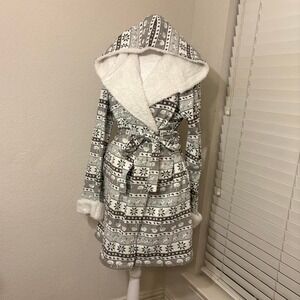 Topshop size M gray white pink hooded sherpa fair isle fantasy cotton blend robe